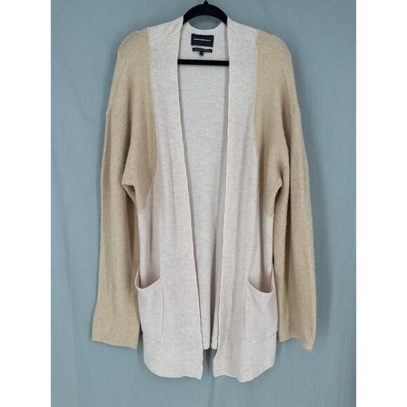 Something Navy Cardigan Sweater Large Beige Tan Neutral Wool Minimalist Capsule - Picture 1 of 6